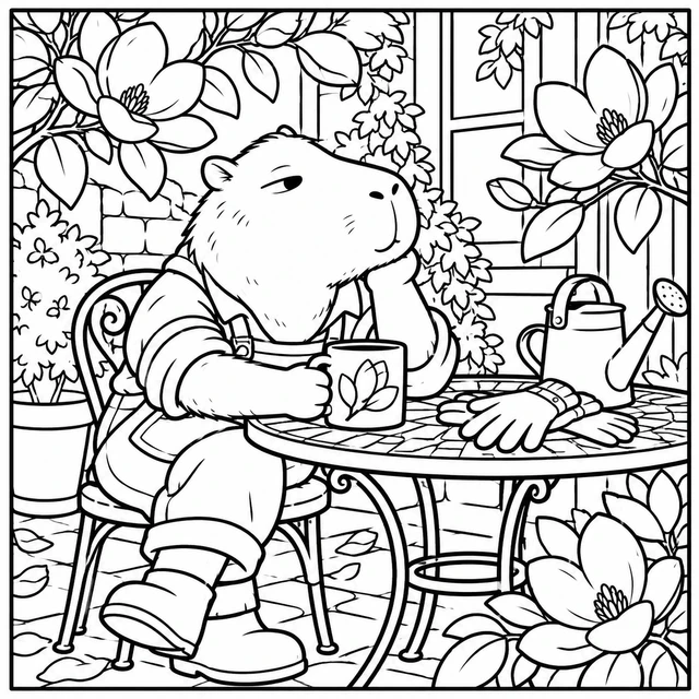 Black-and-white ColorBestie coloring illustration: Broad magnolia blossoms frame a small courtyard table with a mug and abandoned gardening gloves.