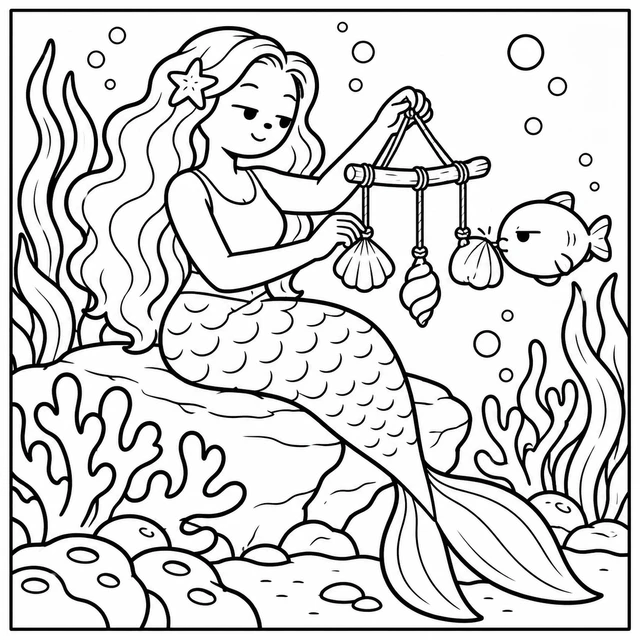 Black-and-white ColorBestie coloring illustration: An adult mermaid fixes a shell mobile while a curious little fish investigates the loose pieces.