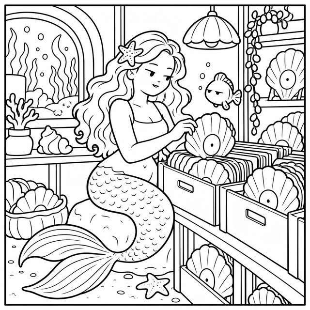 Black-and-white ColorBestie coloring illustration: An adult mermaid sorts shell-shaped records in an underwater shop while a tiny fish watches skeptically.
