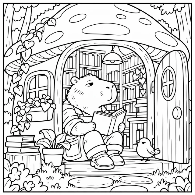 Black-and-white ColorBestie coloring illustration: A squat mushroom bookshop in a forest clearing with shelves of blank-spined books and a small bird sitting on the doorstep.