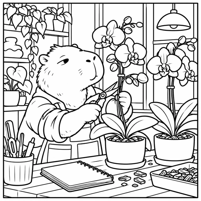 Black-and-white ColorBestie coloring illustration: Two large orchid stems on a compact plant workbench beside snips and a blank notebook.