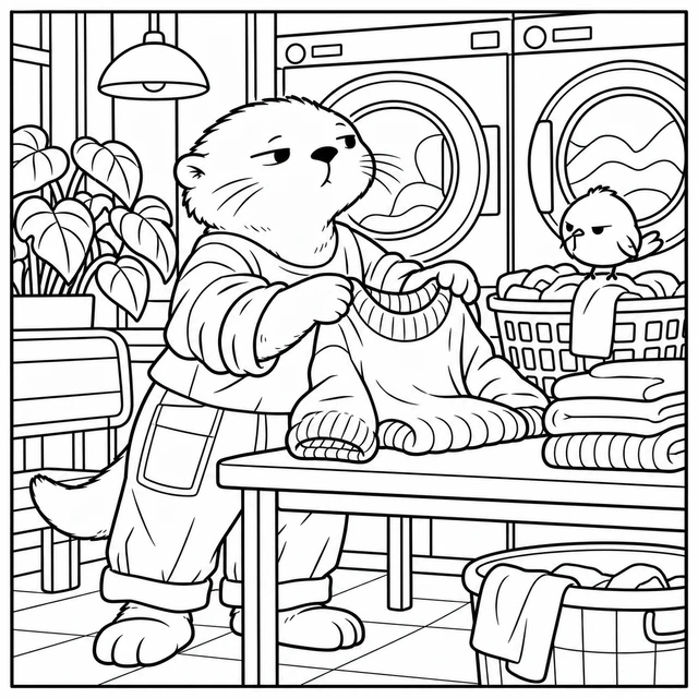 Black-and-white ColorBestie coloring illustration: An otter in loose trousers folds a chunky sweater at a laundromat while a tiny bird sits on the laundry basket.