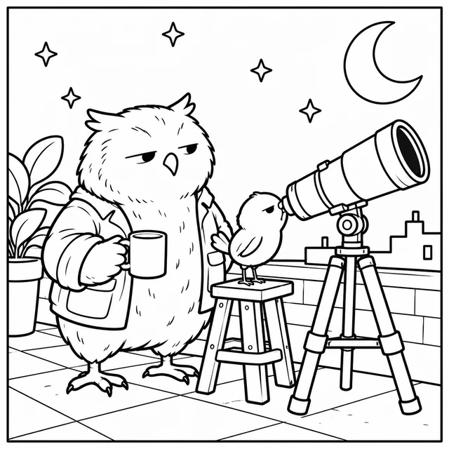 Black-and-white ColorBestie coloring illustration: A sleepy owl and a small bird work out which end of a telescope to use on a quiet rooftop.