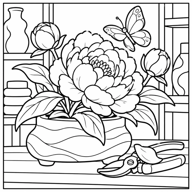 Black-and-white ColorBestie coloring illustration: A broad peony bloom and two buds share a studio shelf with a butterfly and a pair of garden shears.