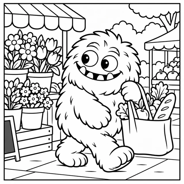 Black-and-white ColorBestie coloring illustration: The ColorBestie pink monster carries an overfilled tote through a small weekend market.
