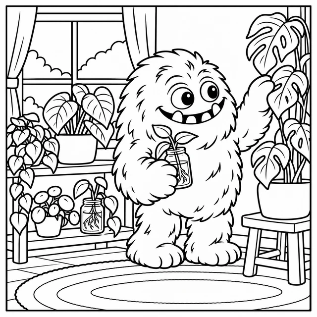 Black-and-white ColorBestie coloring illustration: The ColorBestie pink monster tends an overflowing windowsill of cuttings and broad-leaf plants.