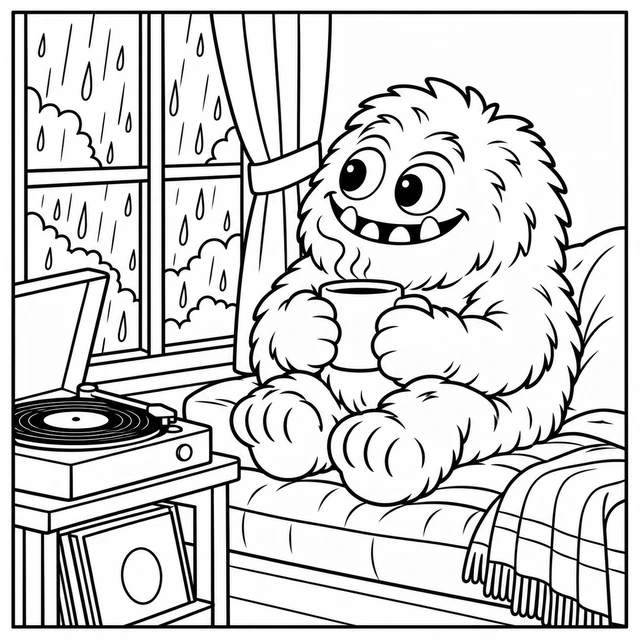 Black-and-white ColorBestie coloring illustration: The ColorBestie pink monster enjoys a rainy window seat with a record player, a mug and a cushion.
