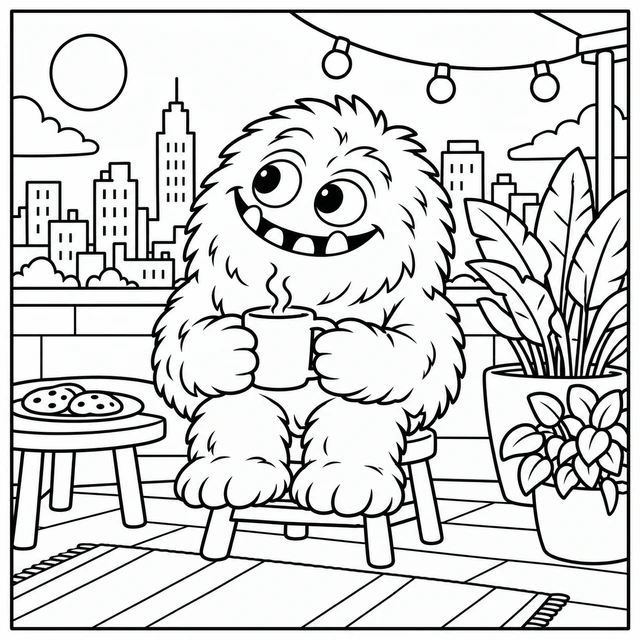 Black-and-white ColorBestie coloring illustration: The ColorBestie pink monster takes a quiet break on a rooftop with plants, a mug and a simple city skyline.