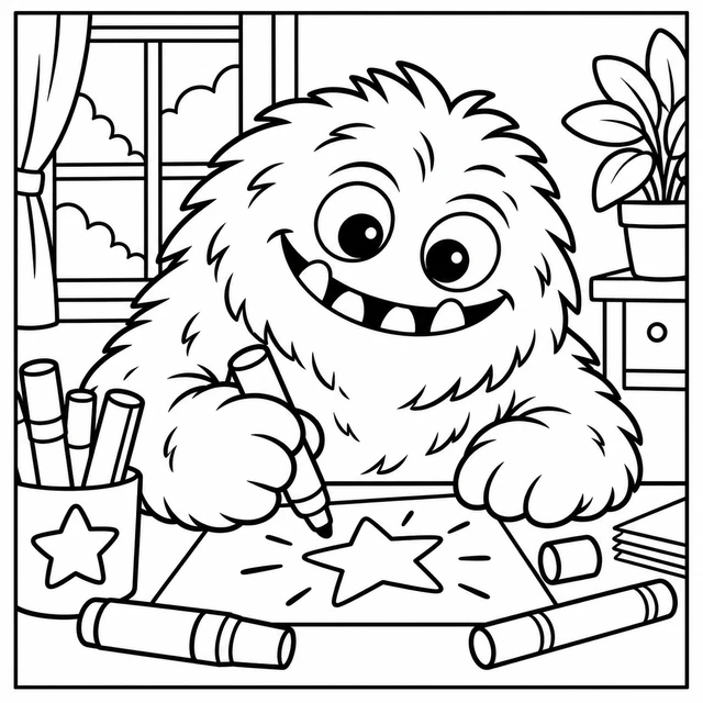 Black-and-white ColorBestie coloring illustration: The ColorBestie pink monster works on a drawing among markers, blank paper and a half-finished creative project.