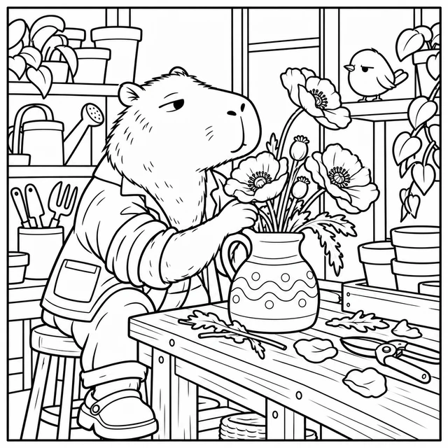 Black-and-white ColorBestie coloring illustration: Large open poppies in a handmade jug on a potting bench; one flower leans toward a skeptical bird.
