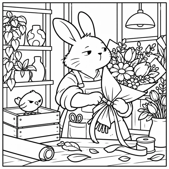 Black-and-white ColorBestie coloring illustration: A self-possessed rabbit in an oversized work apron ties a bouquet while a bird sits in the empty delivery crate.