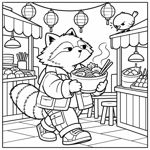 Black-and-white ColorBestie coloring illustration: A raccoon in a boxy jacket carries a takeaway bowl through a night market with two simple blank stalls and a bird eyeing the noodles.