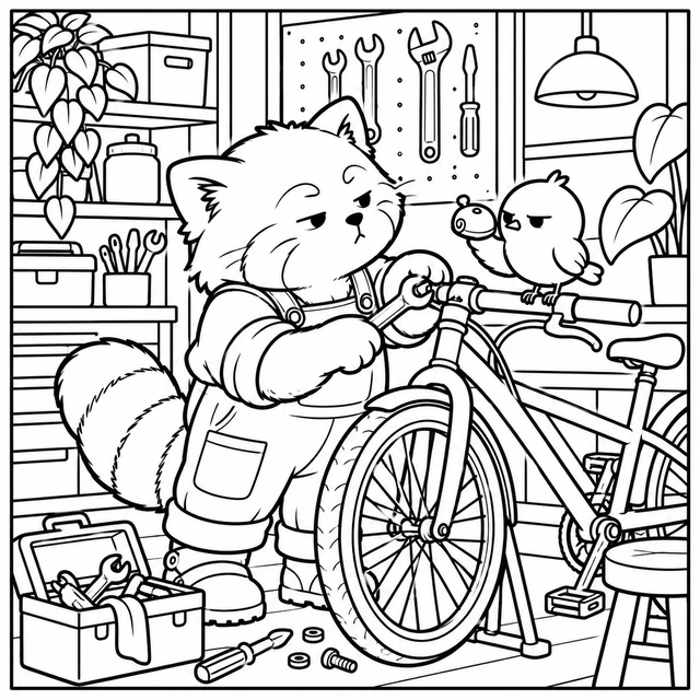 Black-and-white ColorBestie coloring illustration: A red panda mechanic wearing overalls adjusts a bicycle in a compact workshop while a skeptical bird inspects a spare bell.