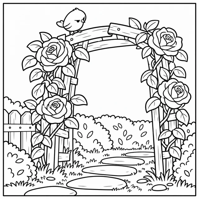 Black-and-white ColorBestie coloring illustration: Climbing roses, a leaning garden arch and a stepping-stone path make a garden with a little attitude.