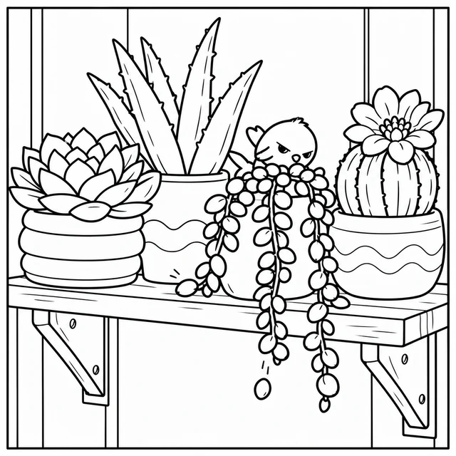 Black-and-white ColorBestie coloring illustration: Four distinctive pots hold a rosette succulent, aloe, trailing pearls and a cactus with a single flower.