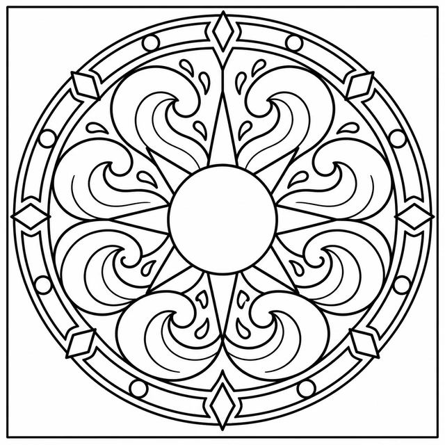 Black-and-white ColorBestie coloring illustration: A circular mandala surrounds a simple sun disk with broad wave curls and a balanced outer ring.