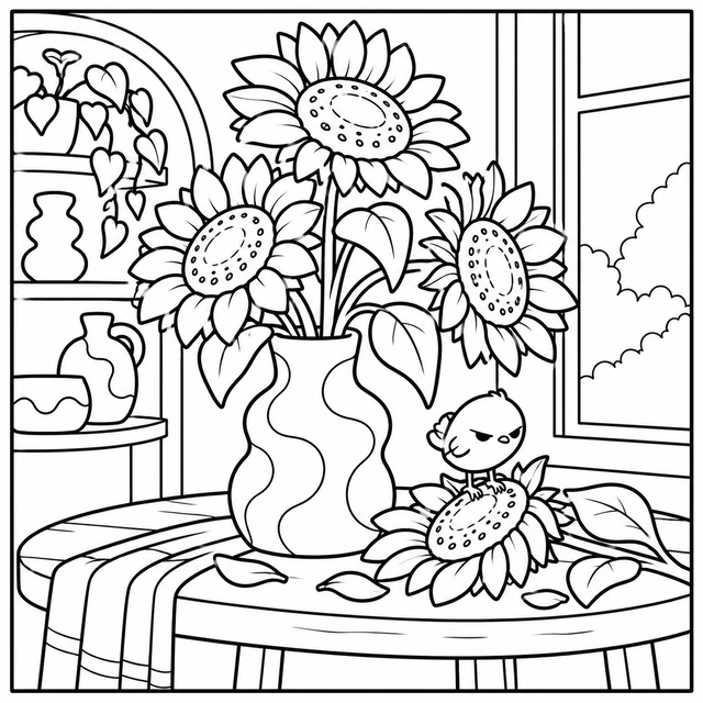 Black-and-white ColorBestie coloring illustration: Three sunflowers fill a large sculptural vase beside a fallen bloom and a quiet studio window.