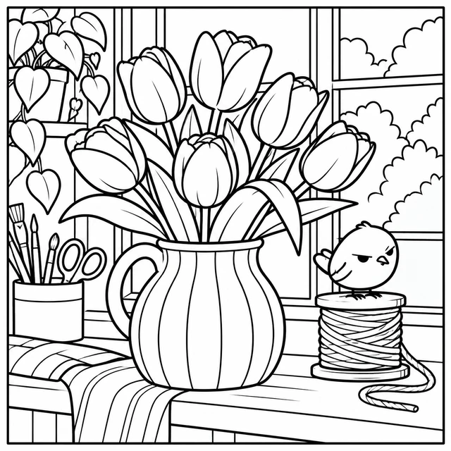 Black-and-white ColorBestie coloring illustration: A bold bunch of tulips in a striped vase on a studio windowsill; the skeptical bird sits on a spool of twine.