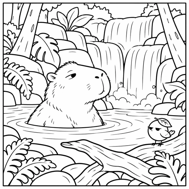 Black-and-white ColorBestie coloring illustration: A wide waterfall runs between rounded rocks and ferns while a bird balances on a driftwood branch.