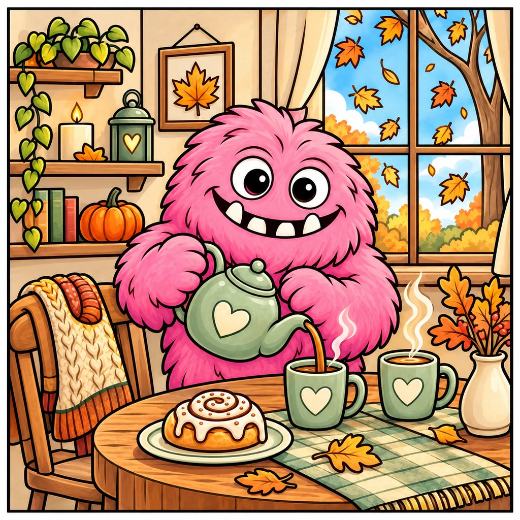 ColorBestie-generated colored preview of the ColorBestie monster enjoying tea in a cozy autumn scene