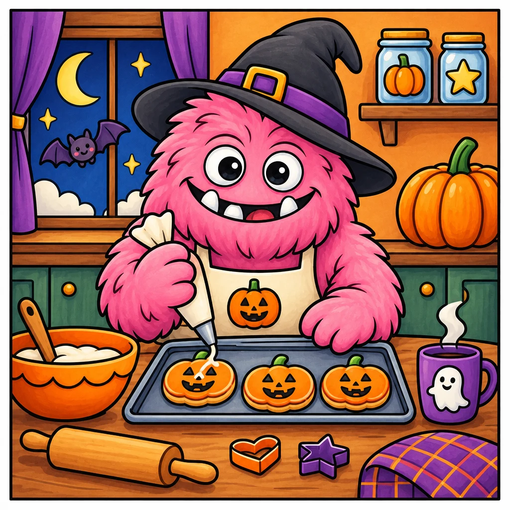 ColorBestie-generated colored preview of the ColorBestie monster baking in a cozy Halloween kitchen