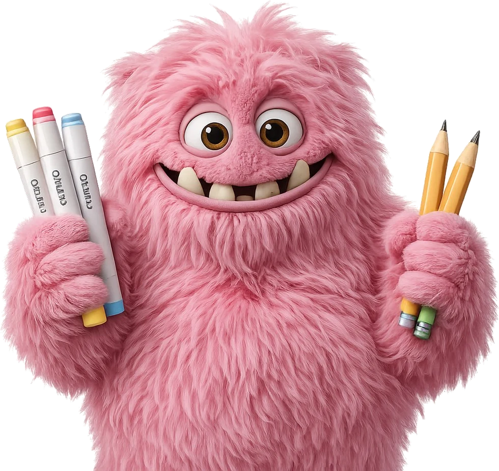 The pink ColorBestie monster with art supplies
