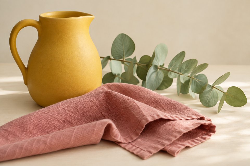 Mustard ceramic jug beside dusty rose linen and green eucalyptus on a cream table