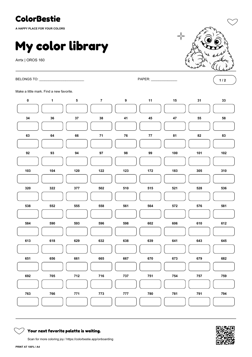 First page of the Arrtx OROS 160 swatch chart with readable marker labels, empty rounded boxes, Blushy holding a marker and a ColorBestie app QR code