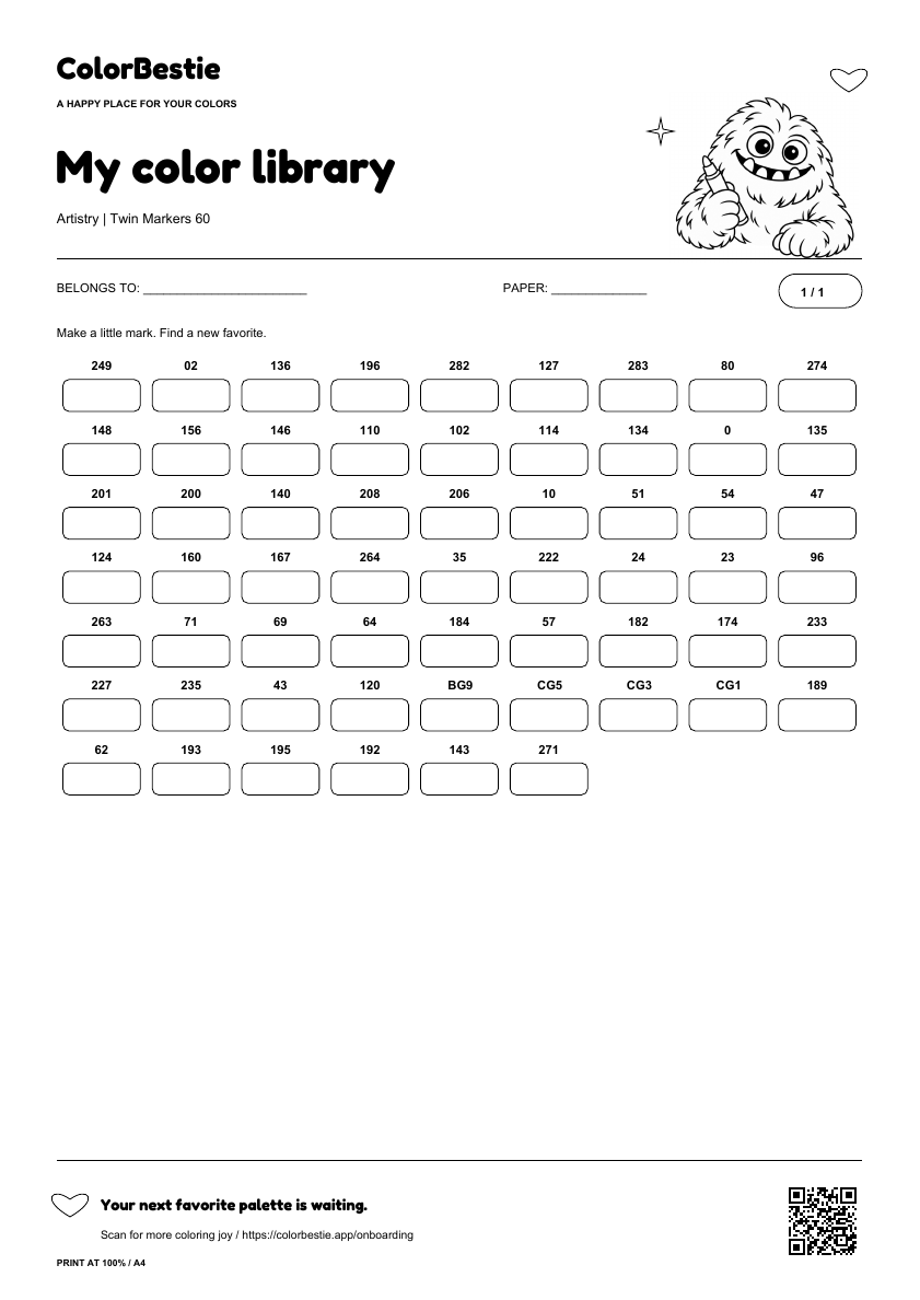 First page of the Artistry Twin Markers 60 swatch chart with readable marker labels, empty rounded boxes, Blushy holding a marker and a ColorBestie app QR code