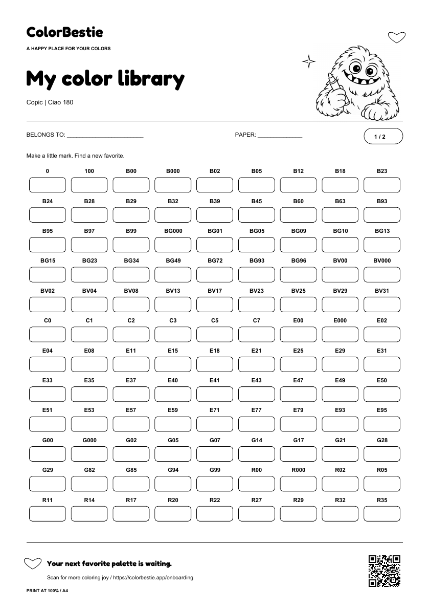 First page of the Copic Ciao 180 swatch chart with readable marker labels, empty rounded boxes, Blushy holding a marker and a ColorBestie app QR code