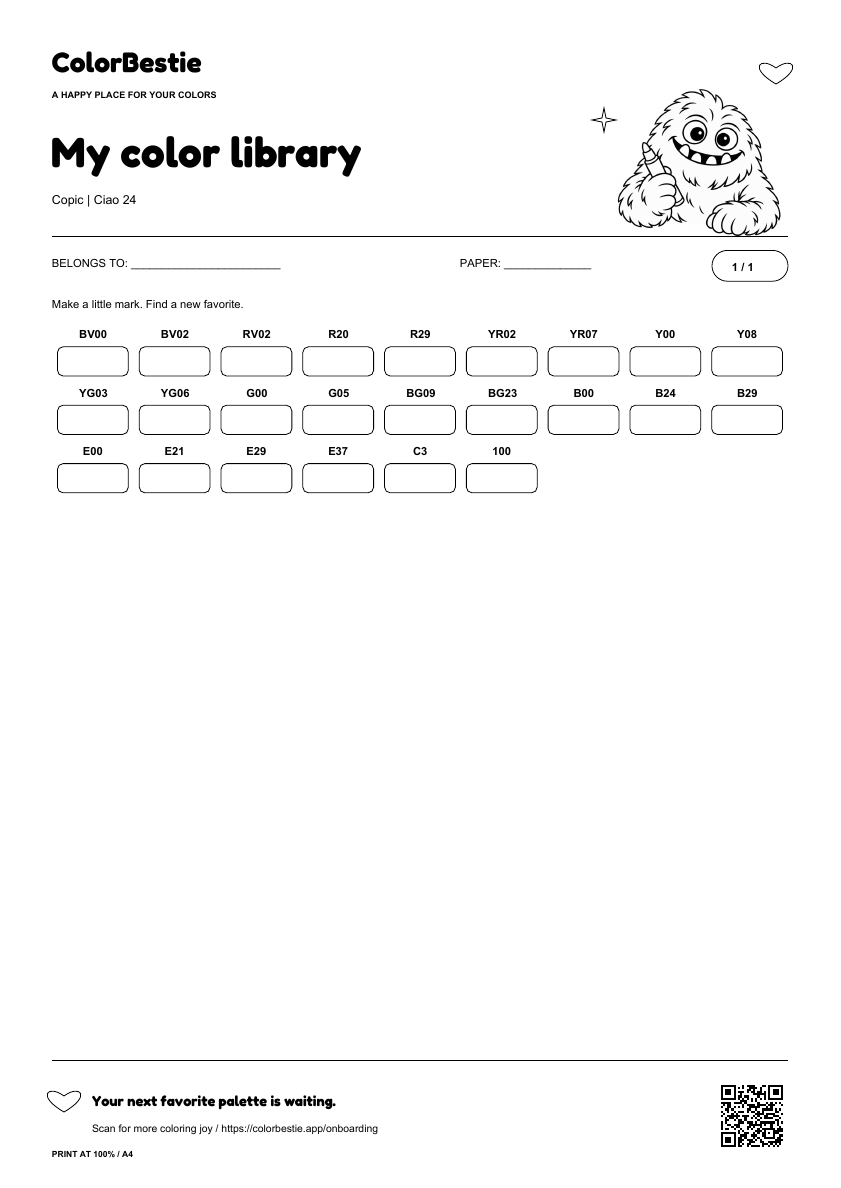 First page of the Copic Ciao 24 swatch chart with readable marker labels, empty rounded boxes, Blushy holding a marker and a ColorBestie app QR code