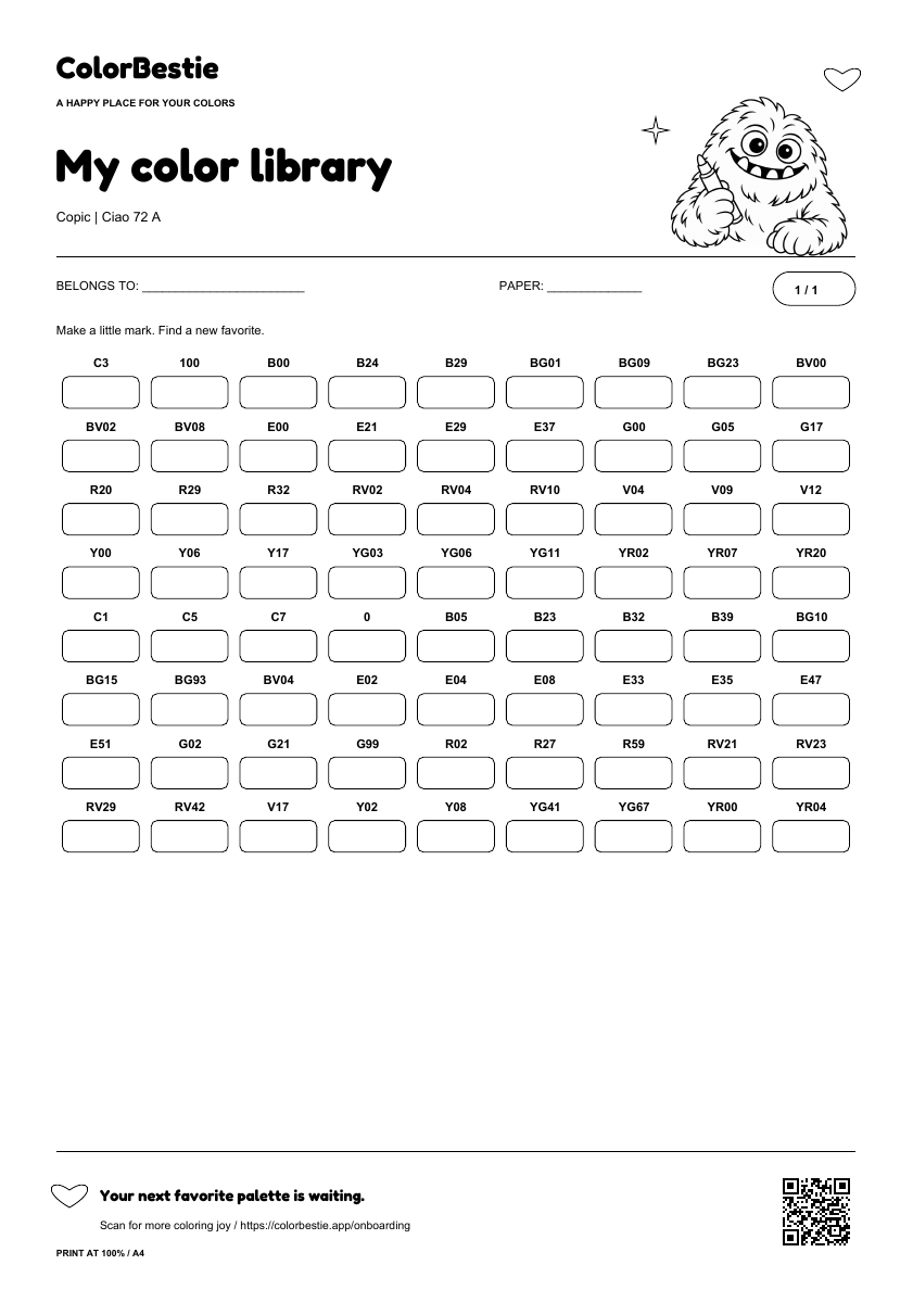 First page of the Copic Ciao 72 A swatch chart with readable marker labels, empty rounded boxes, Blushy holding a marker and a ColorBestie app QR code