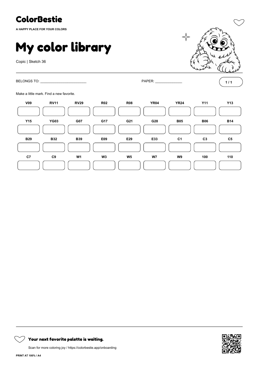 First page of the Copic Sketch 36 swatch chart with readable marker labels, empty rounded boxes, Blushy holding a marker and a ColorBestie app QR code