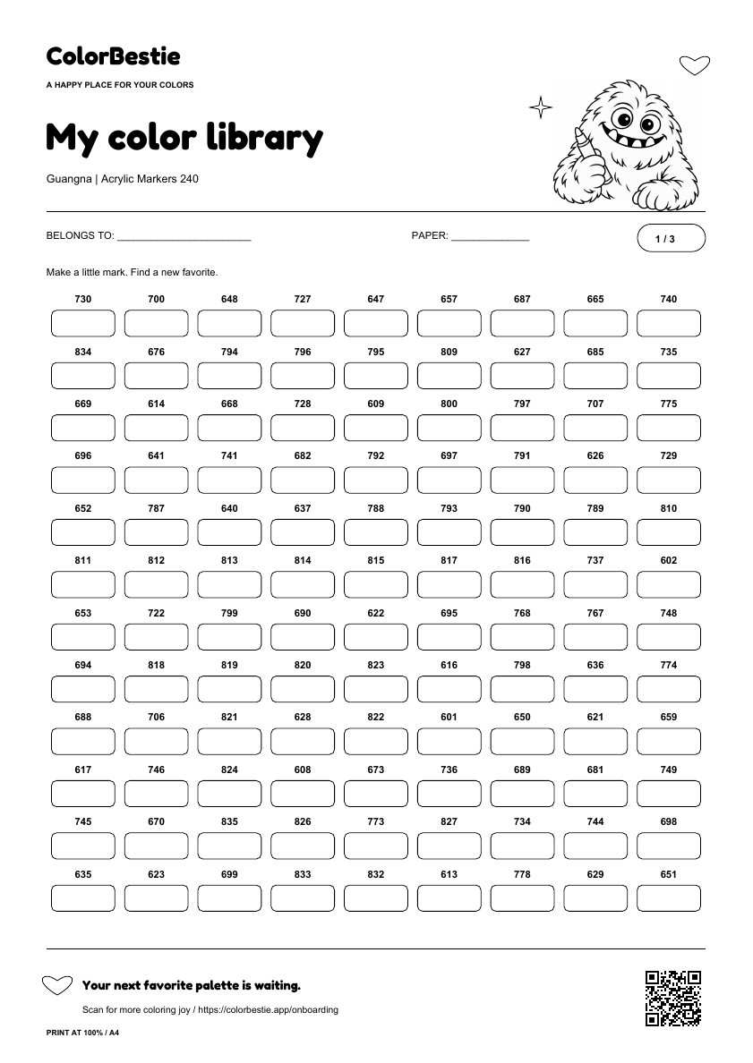 First page of the Guangna Acrylic Markers 240 swatch chart with readable marker labels, empty rounded boxes, Blushy holding a marker and a ColorBestie app QR code