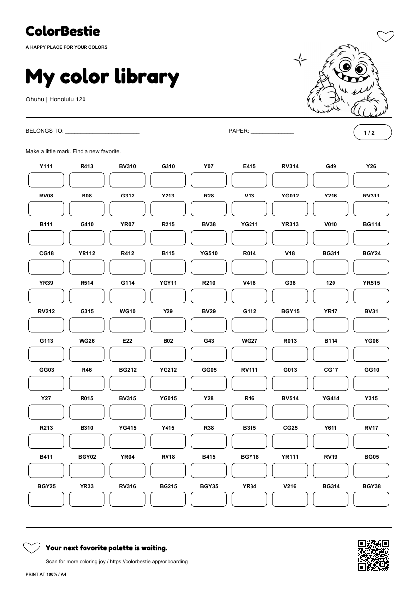First page of the Ohuhu Honolulu 120 swatch chart with readable marker labels, empty rounded boxes, Blushy holding a marker and a ColorBestie app QR code