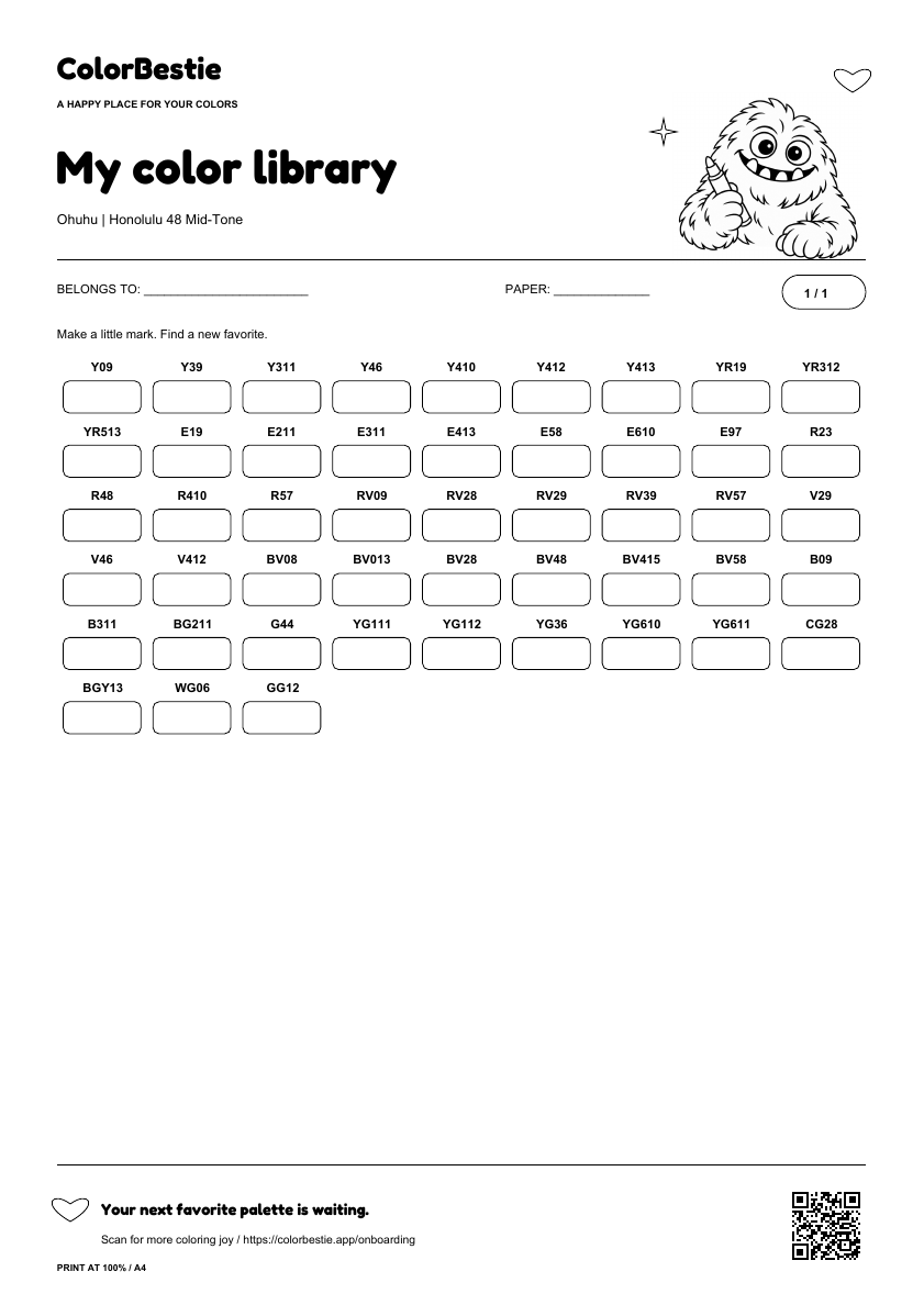 First page of the Ohuhu Honolulu 48 Mid-Tone swatch chart with readable marker labels, empty rounded boxes, Blushy holding a marker and a ColorBestie app QR code